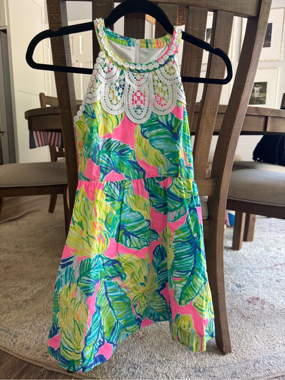 Lilly Pulitzer Multicolor Tropical Leaf Halter Dress with White Lace Trim